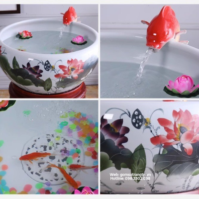 Chậu sứ có lưới lọc kèm đôn gỗ - đồ trang trí, phong thuỷ, tài lộc cho gia chủ
